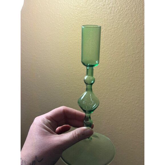 Poketo Glass Candlesticks Holder Green Set Of 2 With Elegant Design 8" - Picture 7 of 8